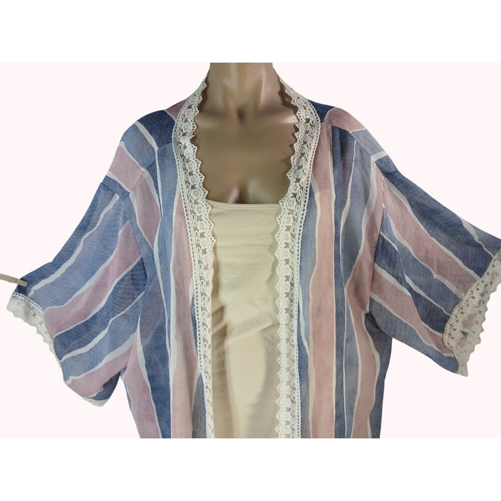 LuLaRoe Chloe Striped Lace Trim Open Kimono Womens Size XL Boho Pink Blue Cover - Picture 4 of 12